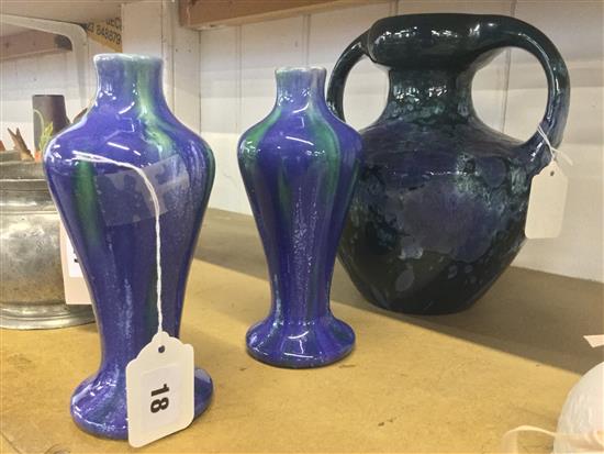 Pair of Ruskin-style meiping vases & a blue-green-glazed two-handled pottery vase